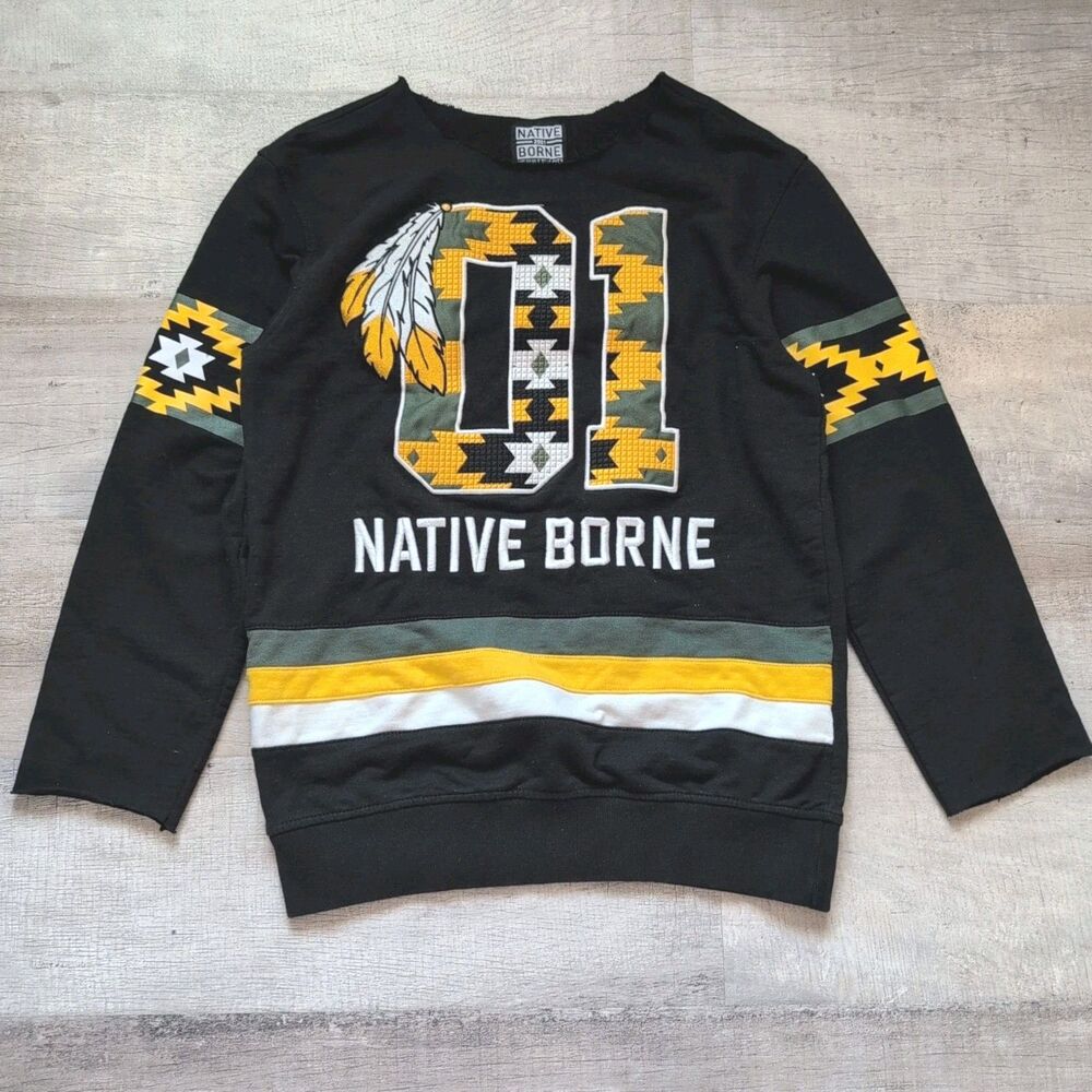 NATIVE BORNE Tribal Embroidered Graphic Black Pullover Sweater Size M
